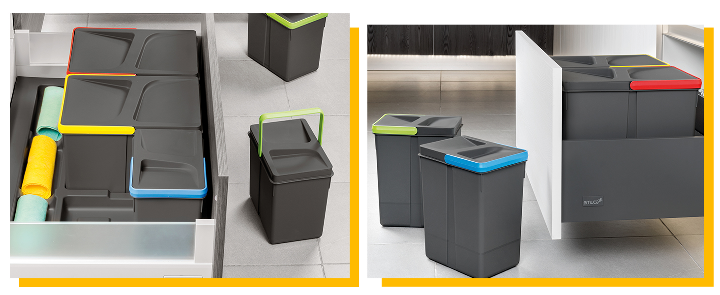 Відро для сміття кухонне Emuca з підвісною системою, 2 висувні контейнери по 20 л, загальний об'єм 40 л (2 x 20 л), сталь та пластик, сірий колір