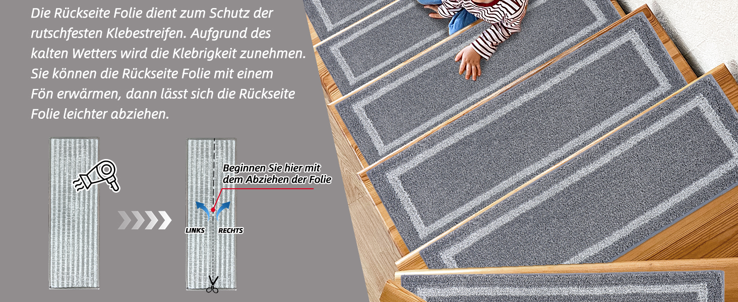 Ковзаючі килимки на сходи COSY HOMEER, 70x22 см, 15 шт., самоклеючі, з антиковзаючою основою, машинне прання, 100% поліестер, TPE, сірий колір