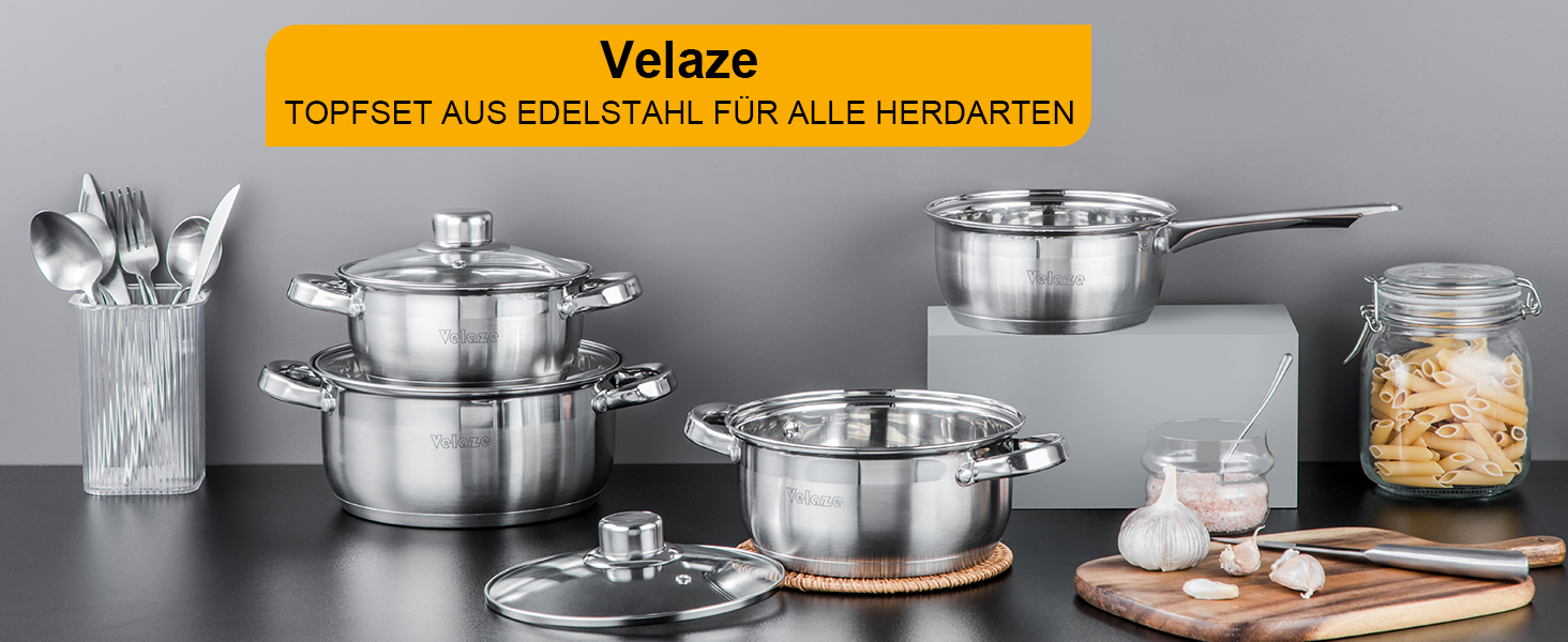 Набір каструль Velaze з нержавіючої сталі 7 предметів, індукція, без PFOA, класичний дизайн, каструля для супу та макаронів, підходить для всіх типів плит