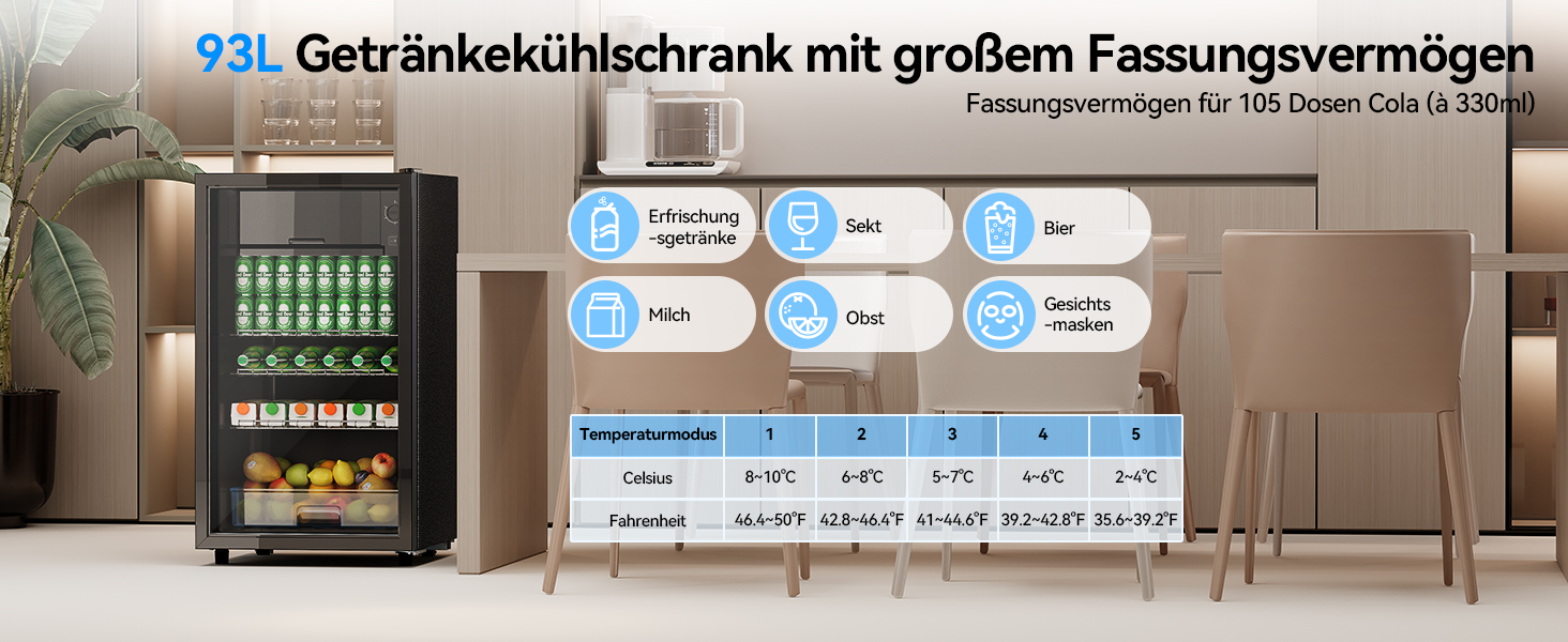 Холодильник для напоїв Devoko 93L з скляними дверцятами та LED-підсвіткою. Регульовані полиці для колі, пива та вина. Чорний колір, ідеально для дому та офісу.