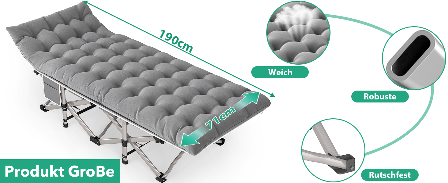 Розкладне ліжко Feldbett з матрацом, до 208 кг, сіре, XL 190x71x35 см - для кемпінгу, саду, пляжу, гостей