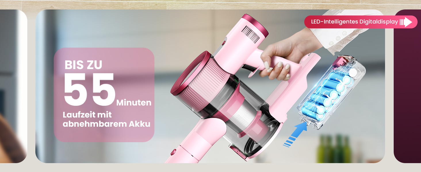 Бездротовий пилосос Dzaki 50000Pa з акумулятором, дисплеєм, функцією паркування та насадкою Anti-Tangle для килимів, твердих поверхонь, шерсті тварин та авто (помаранчево-рожевий)