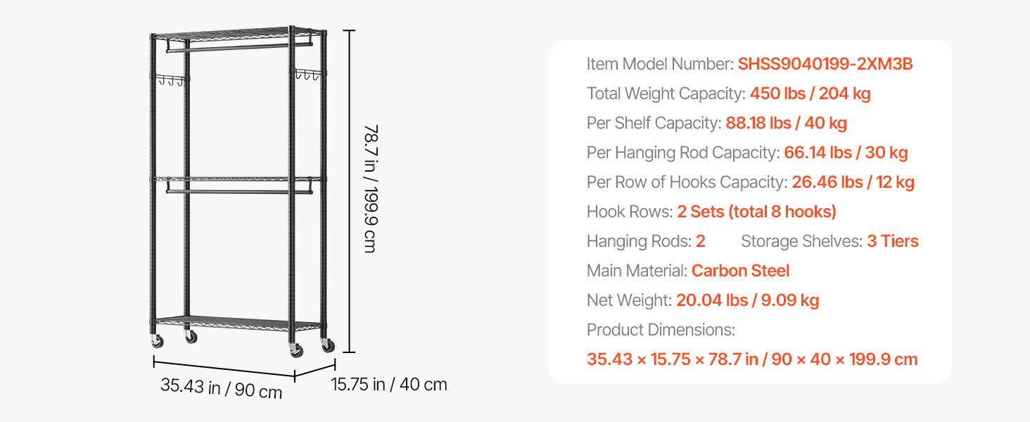 Вешалка для одягу VEVOR з 4 перекладинами, 8 гачками та 385,5 кг вантажопідйомністю, відкрита шафа для одягу, 3 полиці
