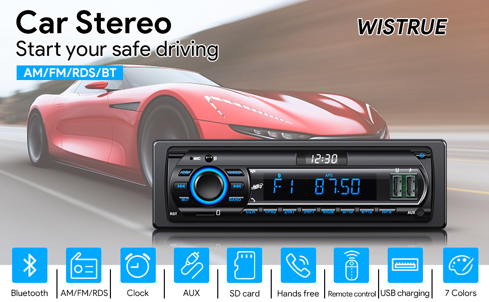 Автомобільна магнітола RDS Bluetooth 9-24V, FM/AM 1DIN, гучний зв'язок, 7 кольорів підсвітки, 2 USB, MP3-плеєр, AUX, SD, незалежний годинник, 30 радіостанцій