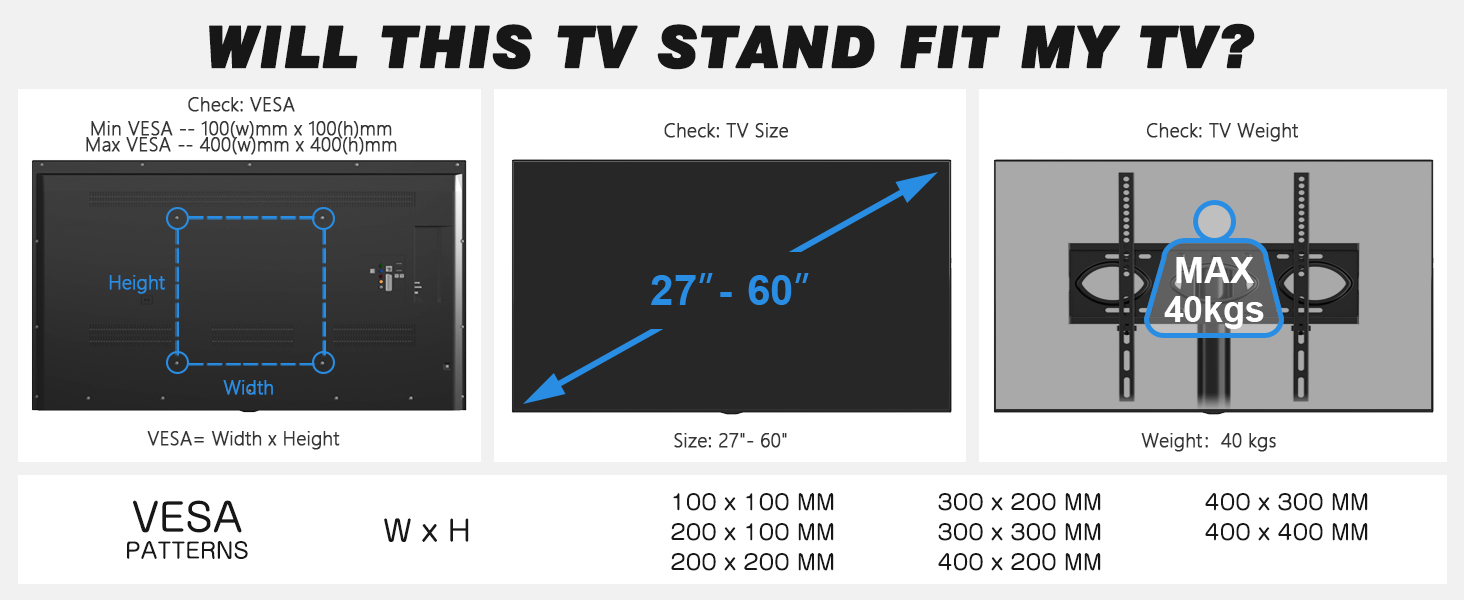 Rolling TV Stand with Wheels - Adjustable Height Mobile TV Trolley for 27-60 inch TVs, VESA 400x400, 40kg Max Weight, White (Black)