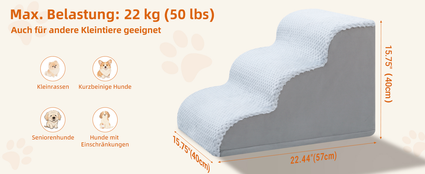 Східці для собак KSIIA на 3 сходинки, 40 см, сірі. Ідеально для маленьких собак та котів, підходять для ліжка, дивану, софи та авто. Розміри: 40x57x40 см