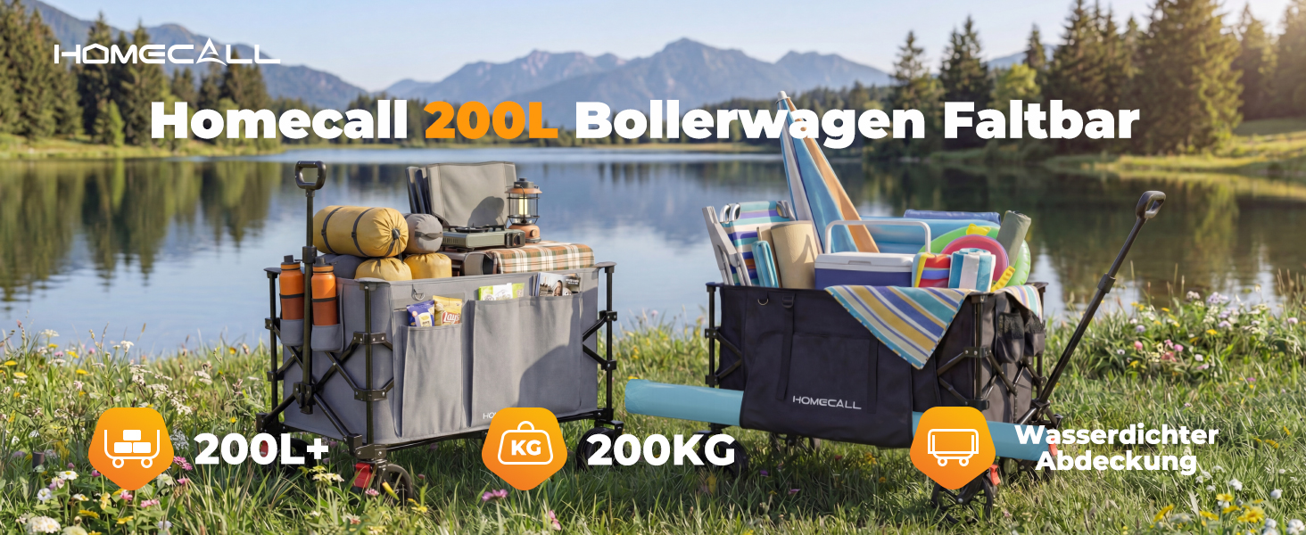 Візок пляжний складний Bollerwagen 200л, 200кг, чорний - для кемпінгу, пляжу, відпочинку на природі. З дощем, гальмами, широкими колесами