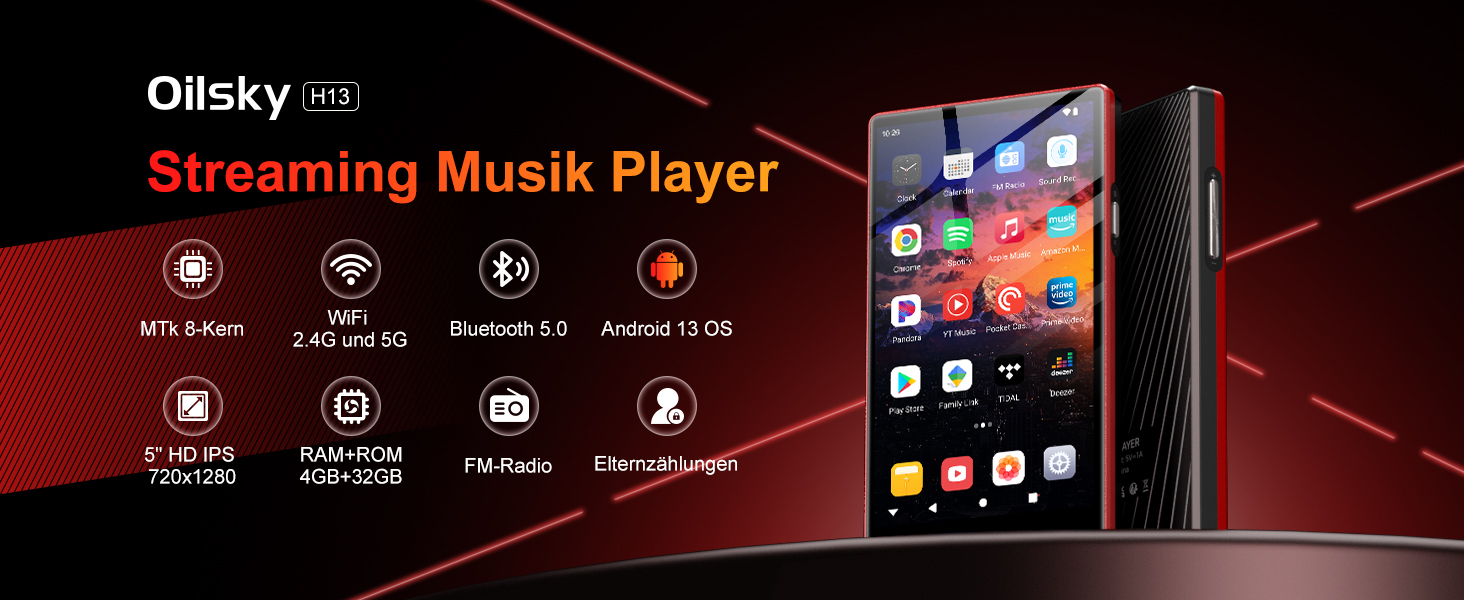 MP3 плеєр Oilsky 160GB з Bluetooth, WiFi, Android 13, 5