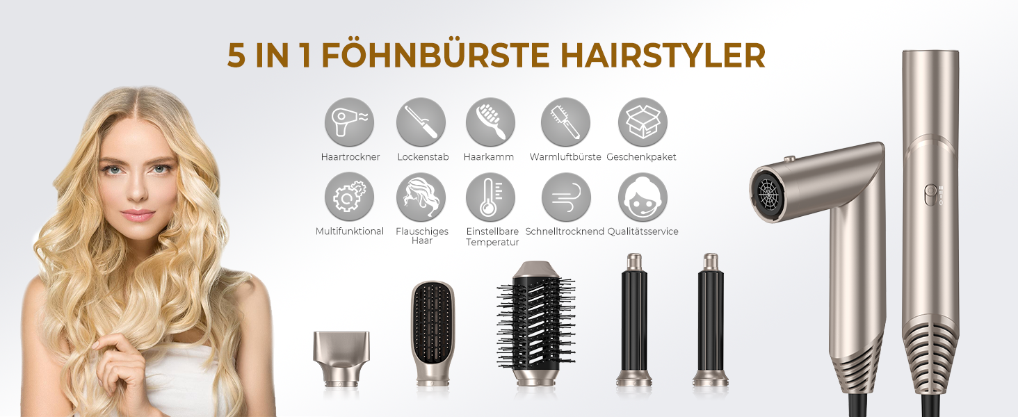 Стайлер для волосся 5 в 1, Набір для укладки волосся, Золотий: Фен, Іонний, Локони, Випрямлення, Об'єм