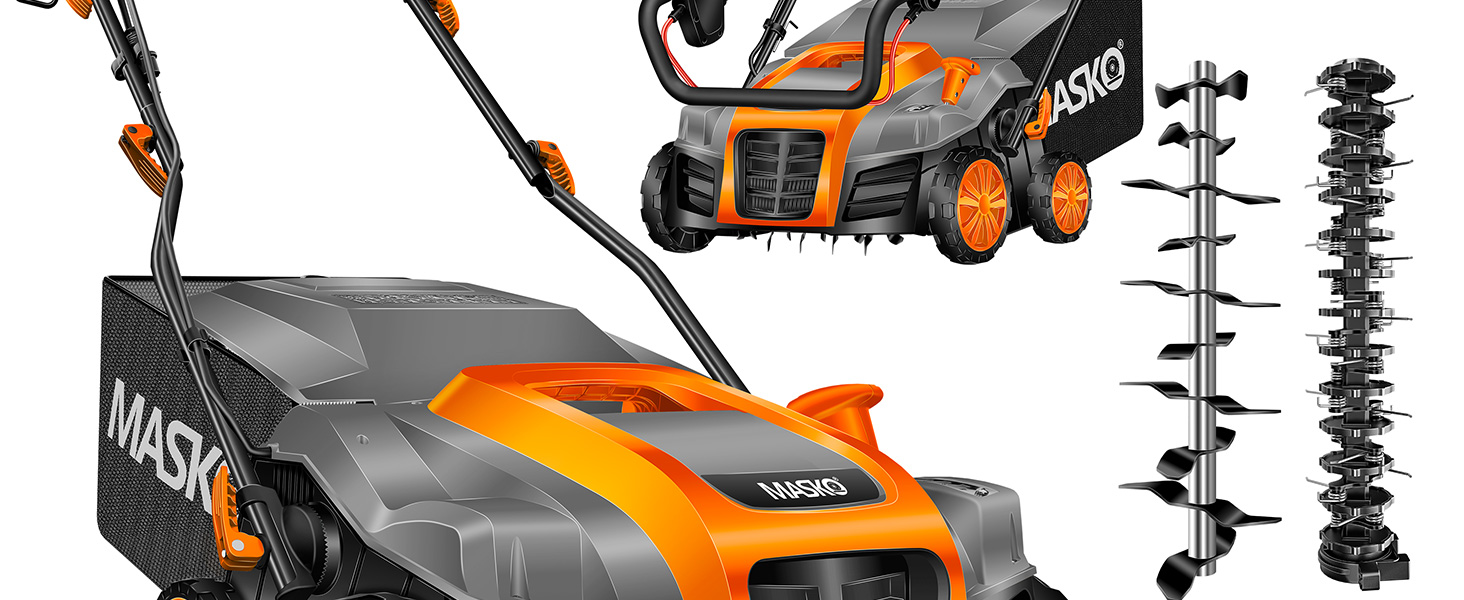 MASKO® Електричний аератор-скарифікатор 2в1 для газону, 1800 Вт, 40 см, 55 л, регулювання глибини, лоток, щітка, рукавички