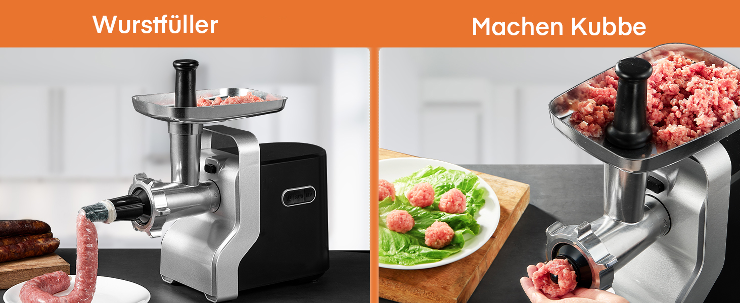 Electric Meat Grinder 5-in-1 - 700W Power, 2800W Max Blocking Capacity, Stainless Steel Grinding Plates (3, 5, 7mm), Sausage Maker, Kubbe Attachment, Black