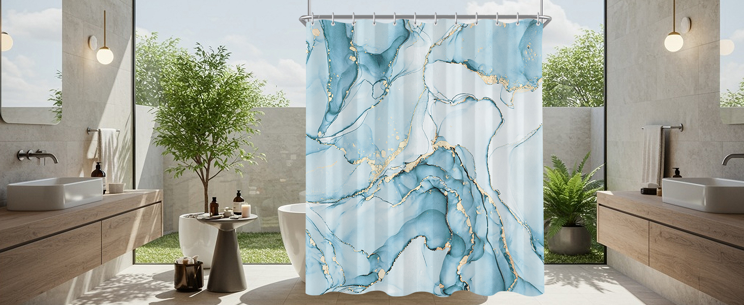 Штора для ванної кімнати 180x200 см, антигрибкова, водовідштовхувальна, поліестер, з кільцями (Світло-блакитний мармур)