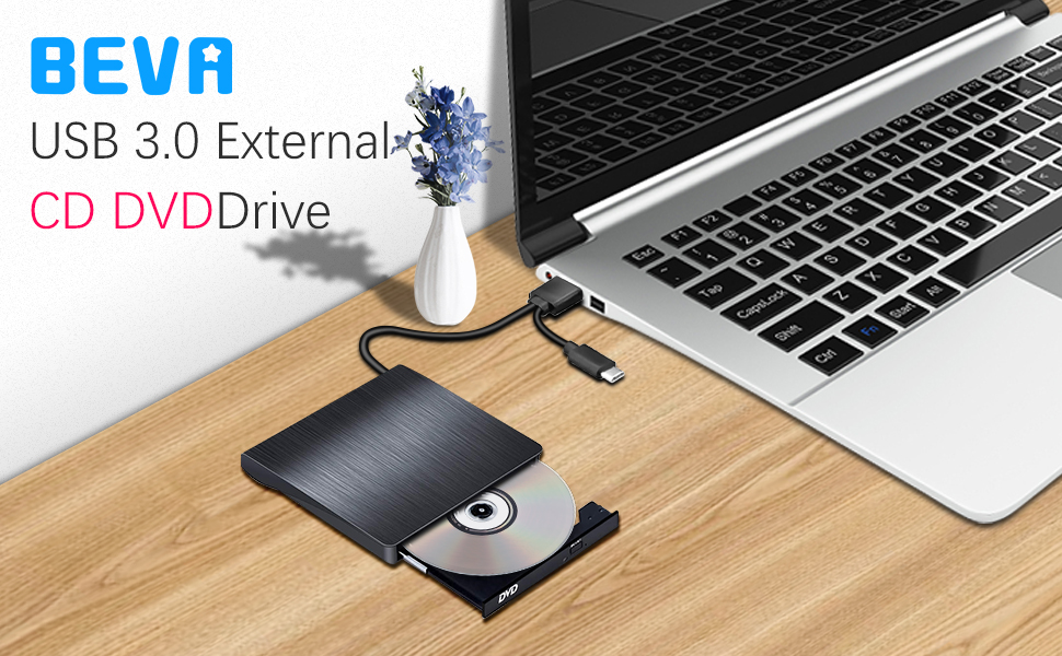 Зовнішній CD/DVD привід BEVA USB 3.0 Type-C, портативний DVD-записувач та зчитувач (DVD/CD-RW), Plug and Play для ноутбука та ПК (Windows, macOS, Linux)