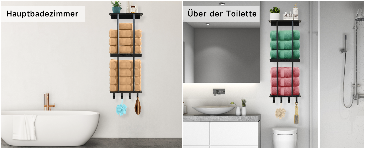 Чорний триярусний тримач для рушників з металевою полицею та 4 гачками, 86 см