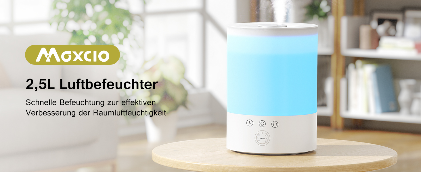 Зволожувач повітря Maxcio Top-Fill 2.5л з ультразвуком, RGB-підсвічуванням та аромадифузором, BPA-Free, 360° форсунки, до 30 годин роботи, 28dB, для спальні, дитячої кімнати та рослин