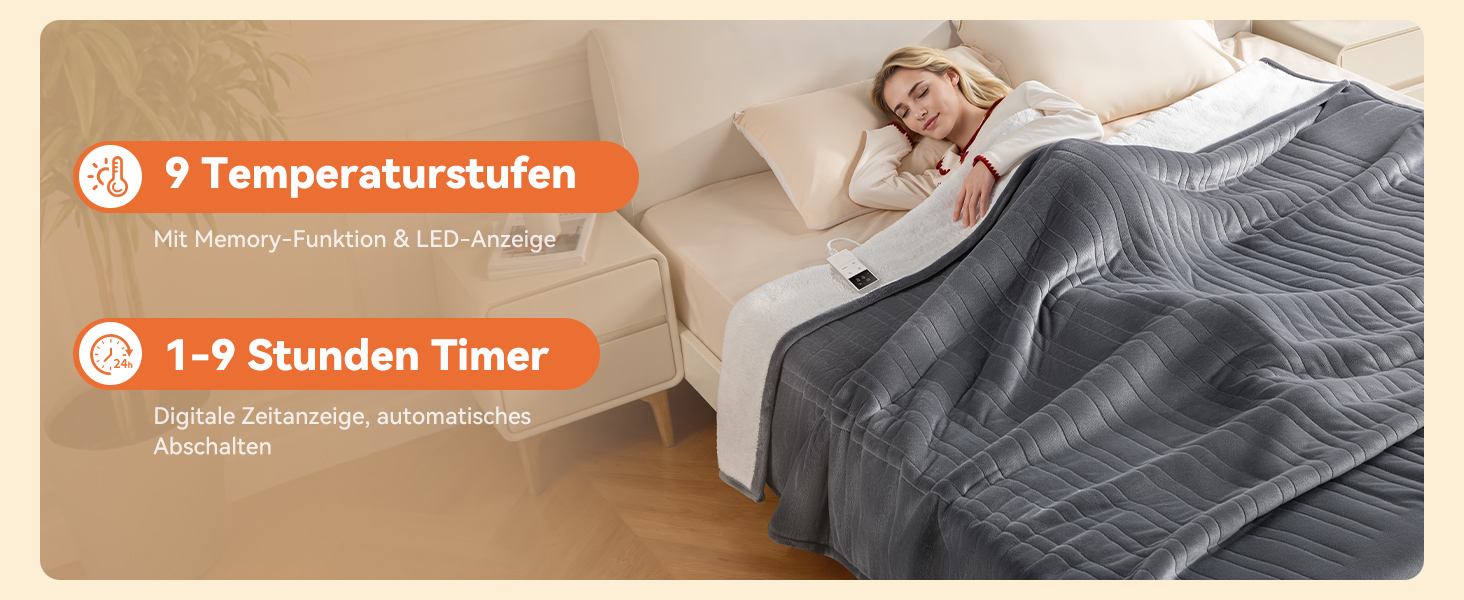 Електрична гріюча ковдра з 9 зон нагріву, таймером та функцією пам'яті, 160x120 см. Двостороння фланель та штучне хутро. Для 1 особи/дивану