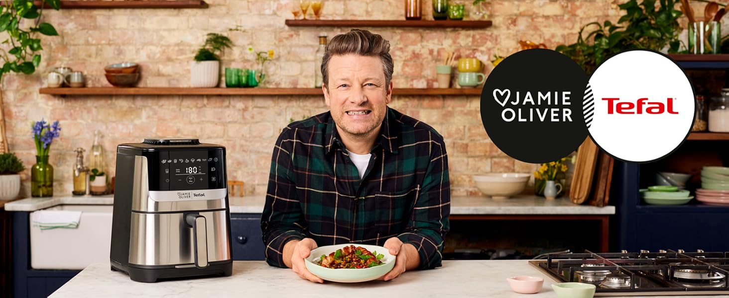 Аерофритюрниця Jamie Oliver by Tefal Easy Fry Silence Deluxe EY55JDE0, тиха, 5 л, 10 програм, цифровий сенсорний дисплей, з решіткою та кришкою, чорний/нержавіюча сталь