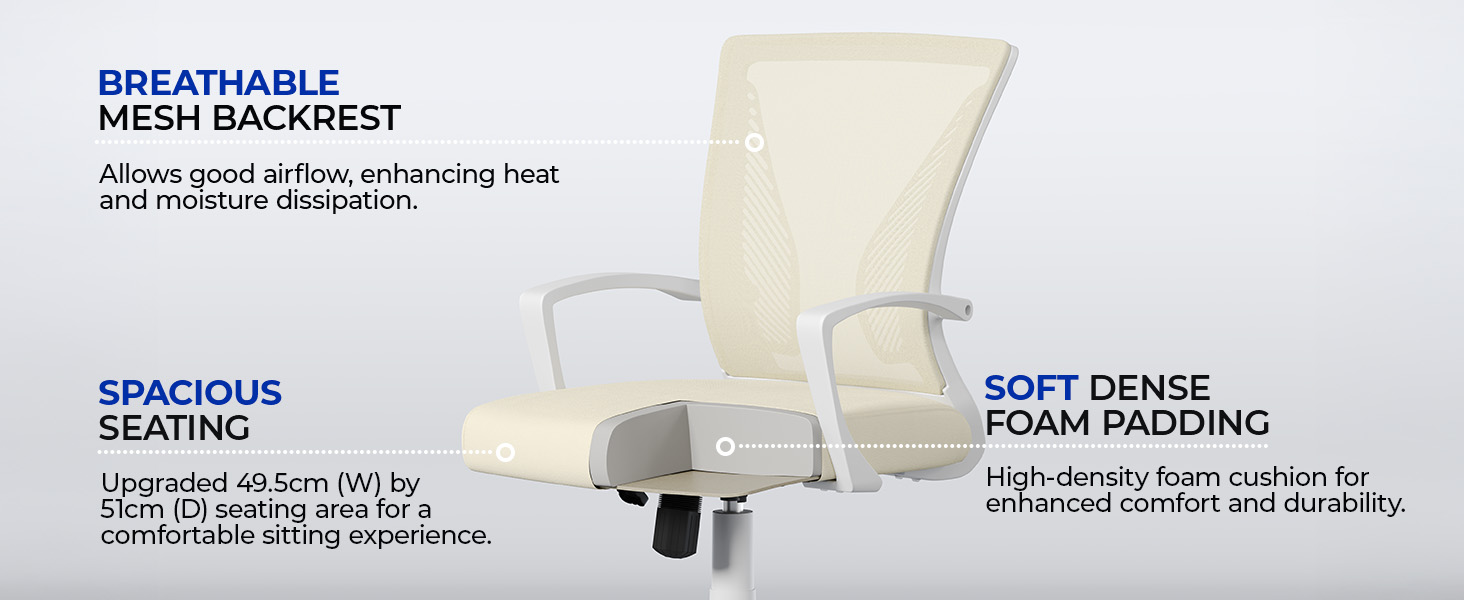 Офісний крісло Yaheetech ергономічне, з сітчастою спинкою, з підлокітниками, для офісу та дому, комп'ютерне крісло, витримує до 136 кг, дихаюче, з функцією гойдання (Бежевий)