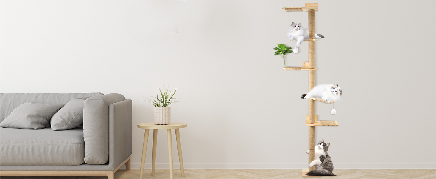 Кігтеточка-стійка для котів 206 см з натурального каучукового дерева, 5 ярусів, настінна, з широкою основою, плюшевими кульками, 360° обертання, XXL кігтеточка для котів для лазіння та дряпання