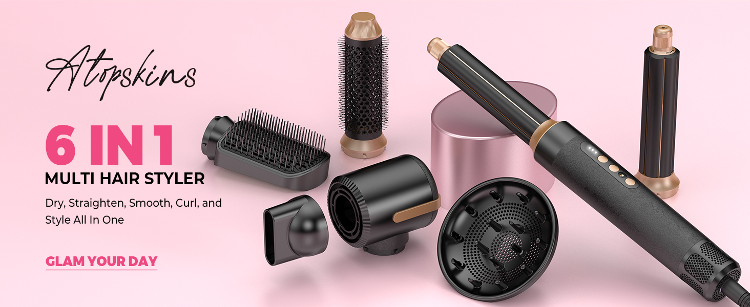 Atopskins 7-в-1 Airstyler: професійний набір для укладки волосся, 110000 об/хв, 1400 Вт. Фен-щітка, локон, випрямляч, іонізація. Для об'єму, сушіння та укладки. Чорний та золотий колір.