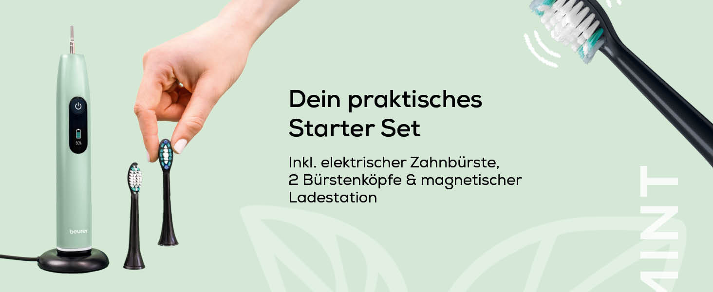 Звукова електрична зубна щітка Beurer SC 50 з 5 режимами чищення, датчиком тиску, дисплеєм таймера та 2 насадками (м'ята)