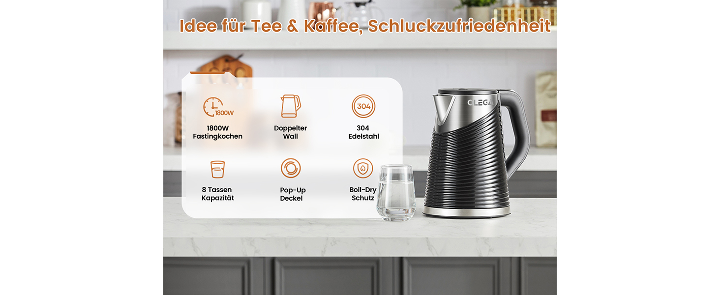 Електричний чайник OLEGA 1.8 л, 1800 Вт, швидкий нагрів, чорний, BPA Free