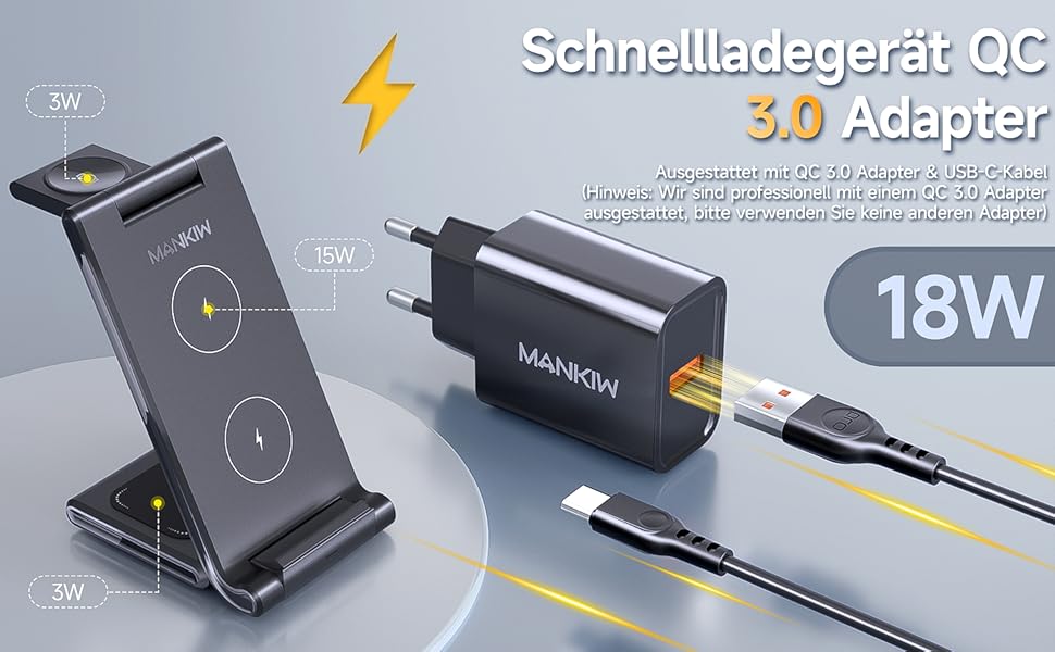 Бездротова зарядка MANKIW 3-в-1 для Samsung Galaxy: S25/S24/S23/S22/S21/S20, Z Fold 6/5/4/3, Watch 7/6/5/4/3/Active, Buds+/2/Pro/Live (Чорний)