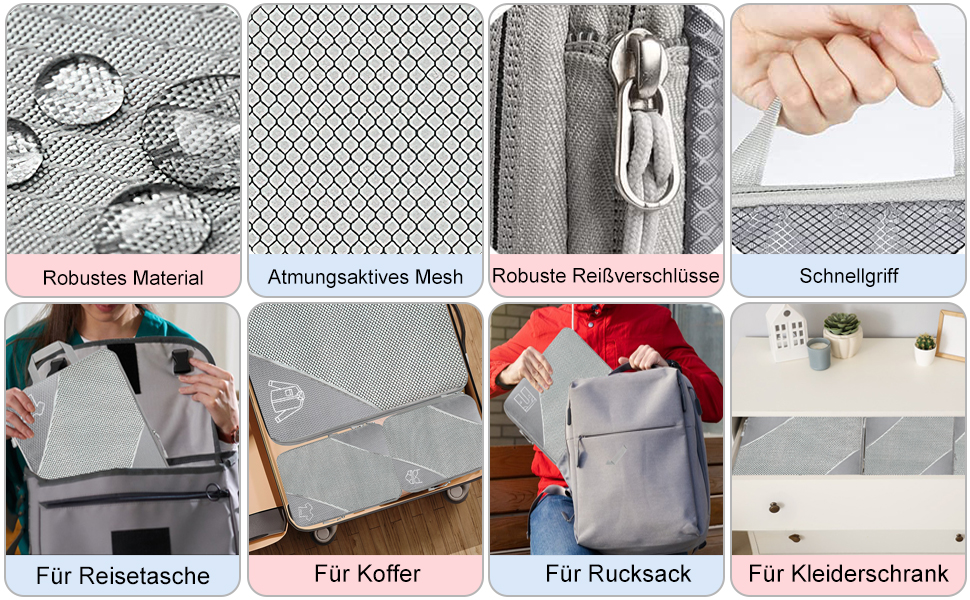 Органайзер для валізи, набір 6 шт. Компресійні кубики для пакування, органайзер для подорожей, сірий (8 шт.)