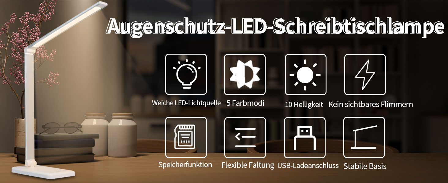 LED лампа для столу LQWELL® з регулюванням яскравості, метал, 5 кольорів, 10 рівнів, USB-зарядка, сенсорне керування, пам'ять, для дітей, офісу, білого кольору (QM019)