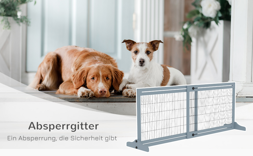 PawHut Wooden Pet Gate - Extendable Dog Barrier with Footrest, Freestanding Baby/Pet Gate, Stairway Gate, Fireplace/Oven Gate, Gray Blue, 104-183 x 36 x 69 cm