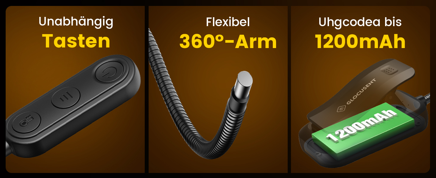 Світлодіодна лампа для читання Glocusent з кріпленням, 20 LED, USB, 5 режимів температури кольору, регулювання яскравості, гнучка на 360°, для читання в ліжку