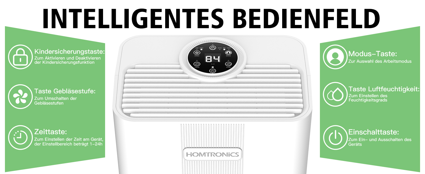 Електричний осушувач повітря Homtronics з гофрованим шлангом 1м, інтел. контроль вологості, 3 режими, таймер 24г, для підвалу, ванної, спальні