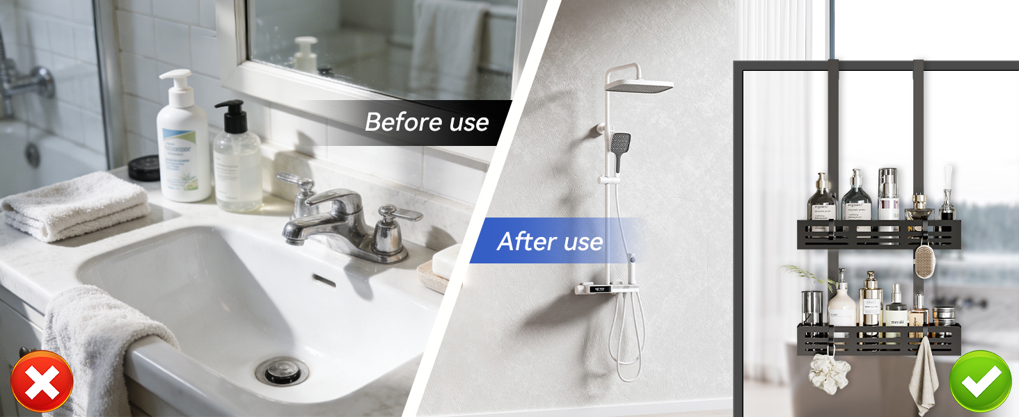 Настінна поличка для душу Hawsam з 2 кошиками та 4 гачками, без свердління, чорна