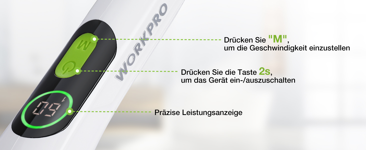 WORKPRO Електрична щітка для прибирання з індикатором потужності, 8 в 1, обертова щітка-скребок, 8 насадок, телескопічна ручка 30-120 см, 3 швидкості, для ванної кімнати та кухні