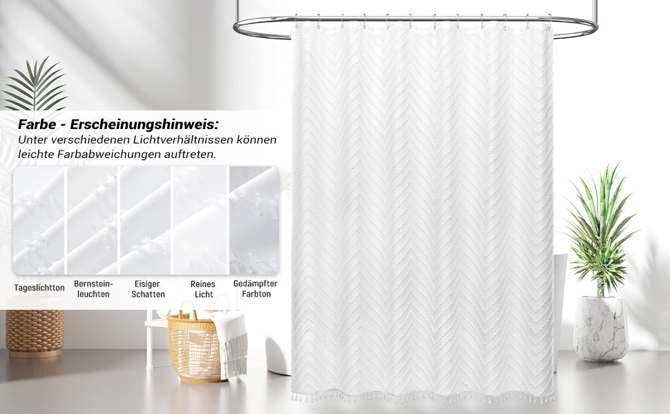 Штора для душу BTTN 180x200 см, бохо-стиль, бежева з пензликами, водонепроникна, з 12 гачками