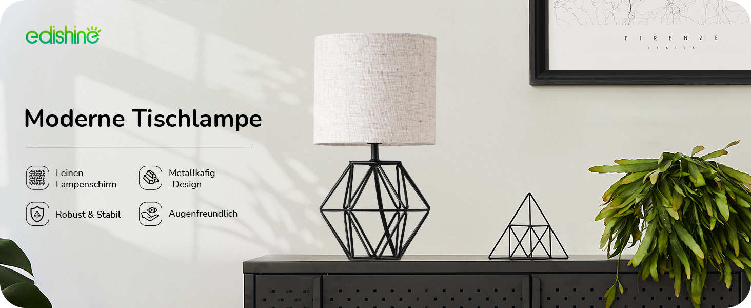 EDISHINE Настільна лампа - Сучасний індустріальний дизайн, E14 цоколь, вінтаж, для спальні/вітальні, білий & золотий (льон + чорний)