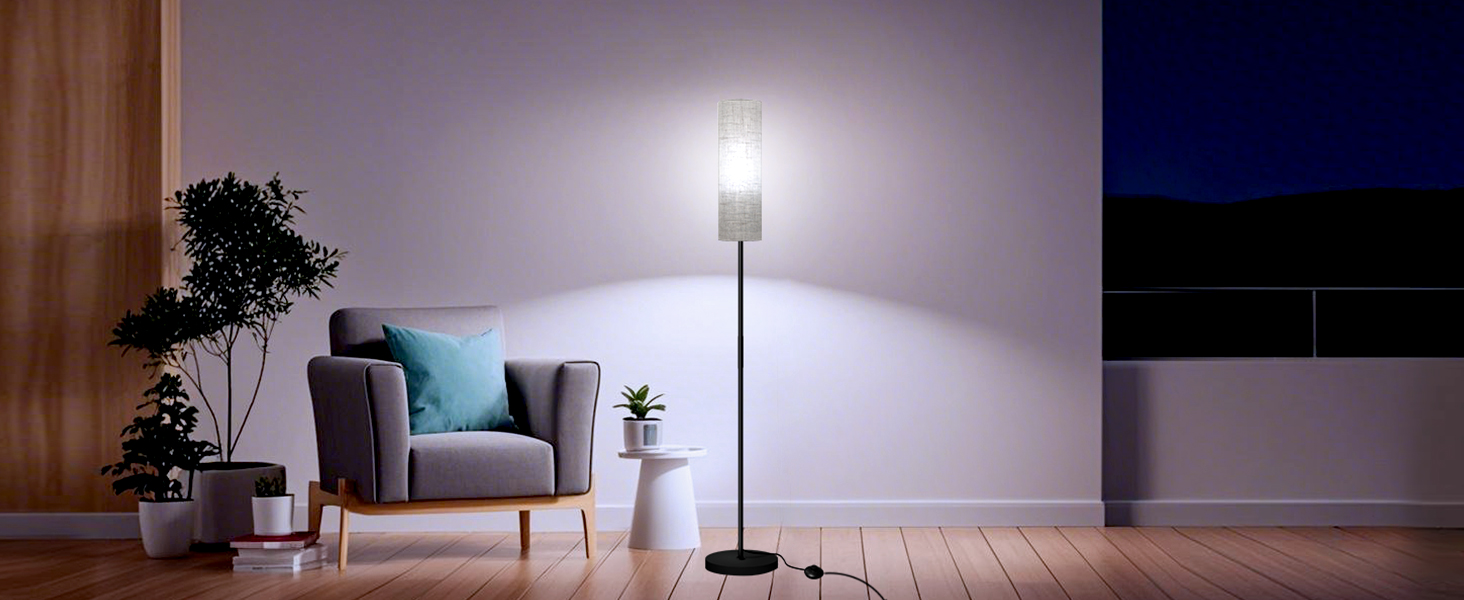 Стійка лампа для вітальні з 3 колірними температурами, 12W E27, бавовняний абажур, вимикач на нозі, LED диммер, підходить для спальні, читання, офісу (сучасний)