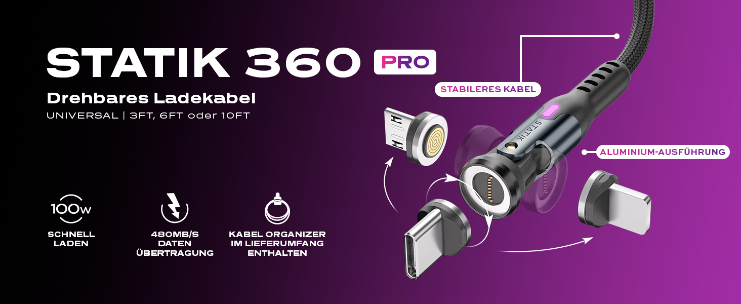 Кабель Statik 360 Pro: магнітний, 3-в-1, USB-C, Micro-USB, USB-A, кут повороту 90°, 180°, 360°, 1м, iProdukt