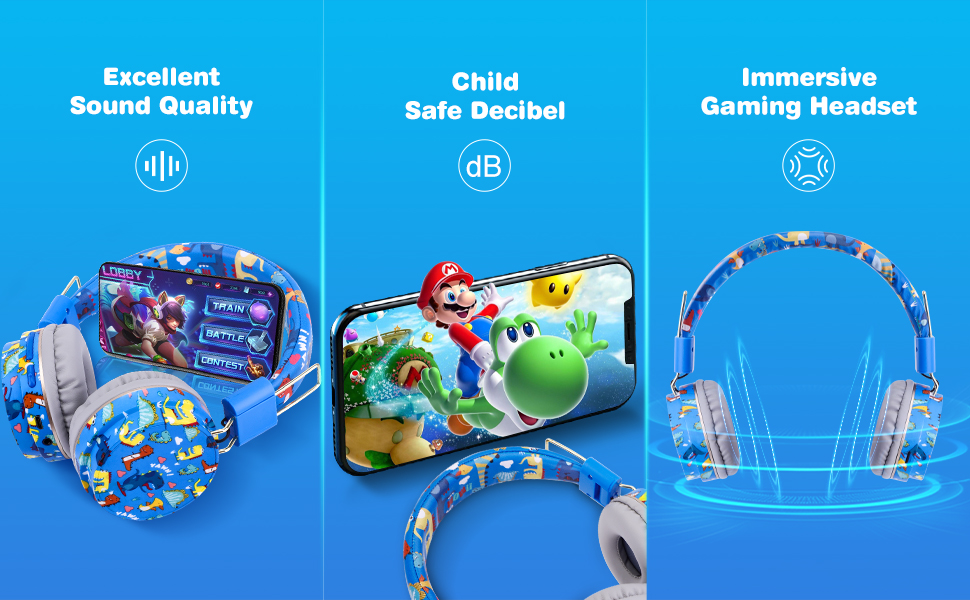 Дитячі навушники JYPS, бездротові, Over-Ear з мікрофоном для школи та планшета (3-10 років), блакитні