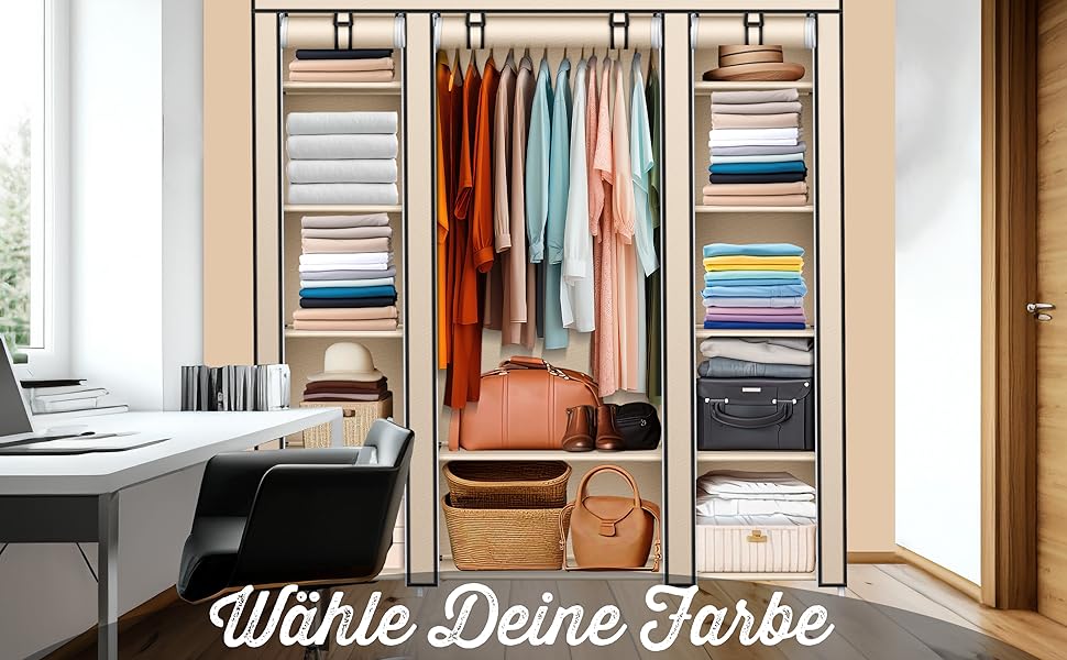 KESSER® Wardrobe Clothes Rack Stable with Clothes Rail & Shelves, Incl. 5x Clothes Hangers, Fabric Folding Wardrobe for Bedroom, Dressing Room Clothes Rack 150x45x175cm (Beige)