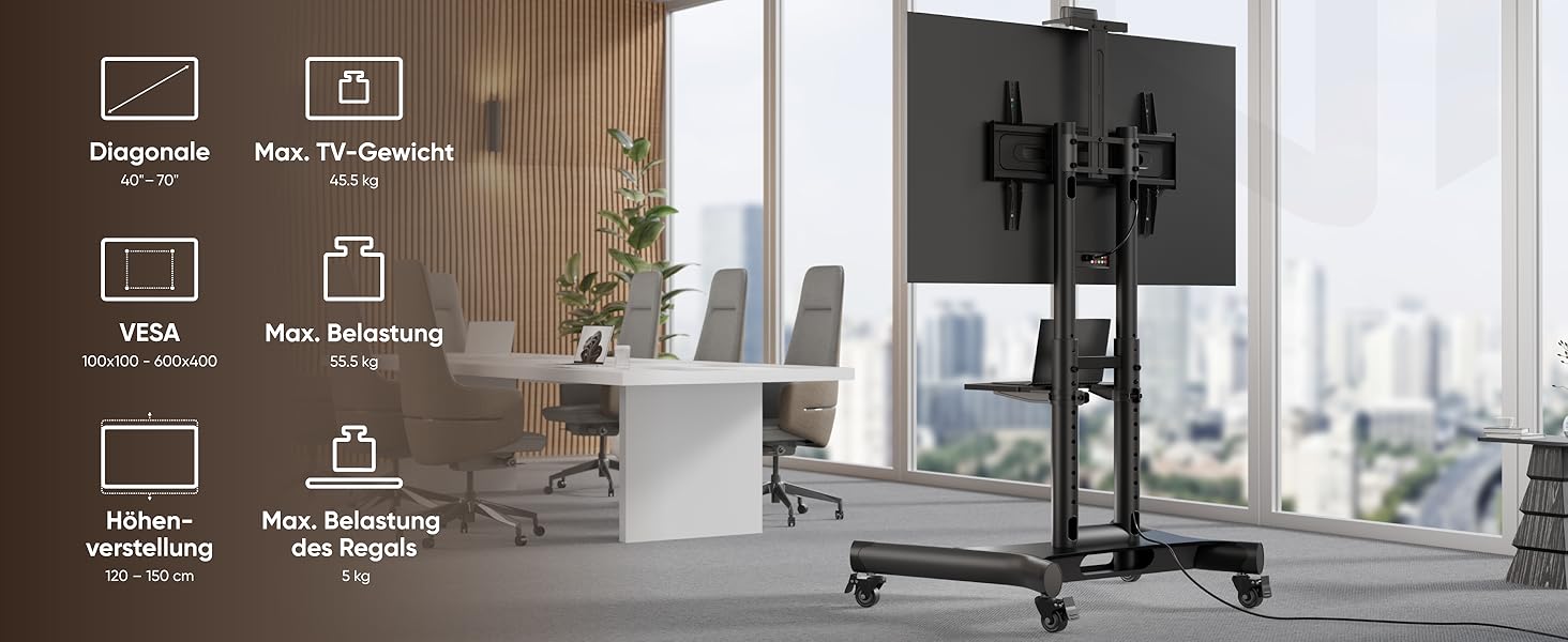 Мобільна підставка для телевізора ONKRON TS1551-B 40-70 дюймів, до 55.5 кг, з поличкою, VESA 600x400, чорна