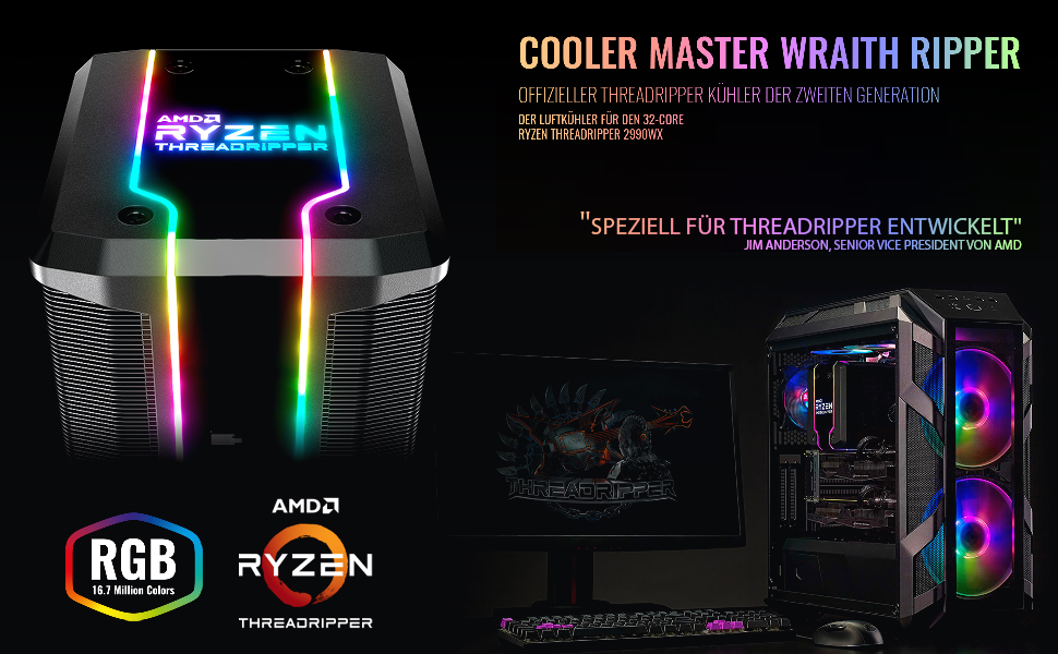 Система охолодження CPU Cooler Master MasterAir Wraith Ripper з RGB підсвічуванням, подвійна вежа, 6 heatpipes, вентилятор SF120R