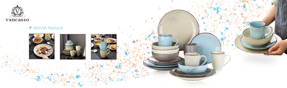 Набір керамічного посуду Vancasso NAVIA (16 предметів) для 4 осіб, набір посуду з тарілок, салатників та мисок, кераміка, природа