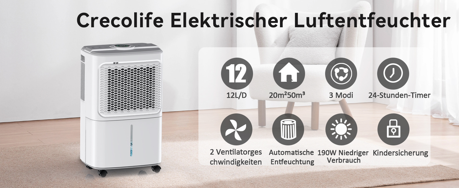 Електричний осушувач повітря Crecolife 12L/24h, 190W, для приміщень 20м², з цифровим дисплеєм та сенсорною панеллю керування, 3 режими осушення, 2 варіанти зливу, таймер 24г