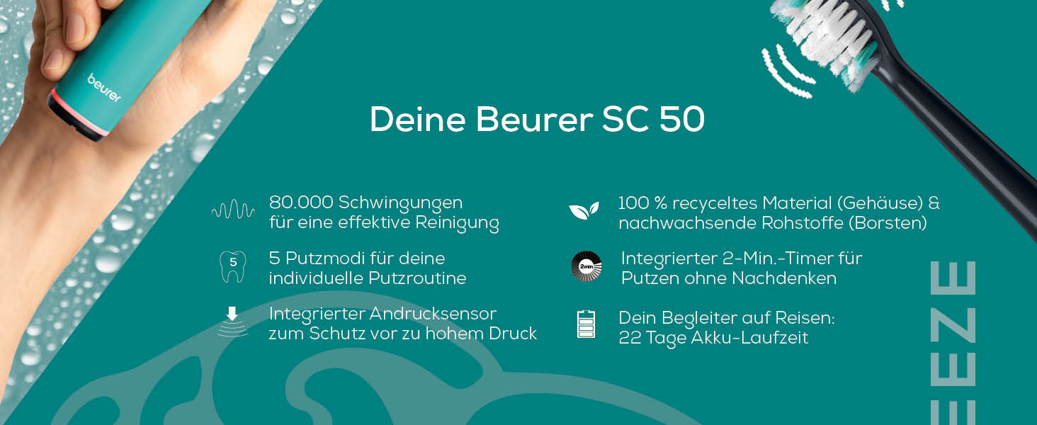 Електрична зубна щітка Beurer SC 50 з 5 режимами чищення та датчиком тиску, 80 000 коливань, дисплей, 2 насадки (Ocean Breeze)