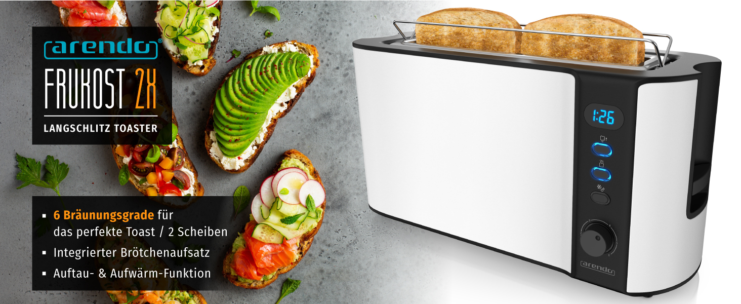 Тостер Arendo з 2 слотами, білий матовий, 1000W, з підігрівом для булок, 6 рівнів підсмажування, дисплей, функція розморожування, нержавіюча сталь
