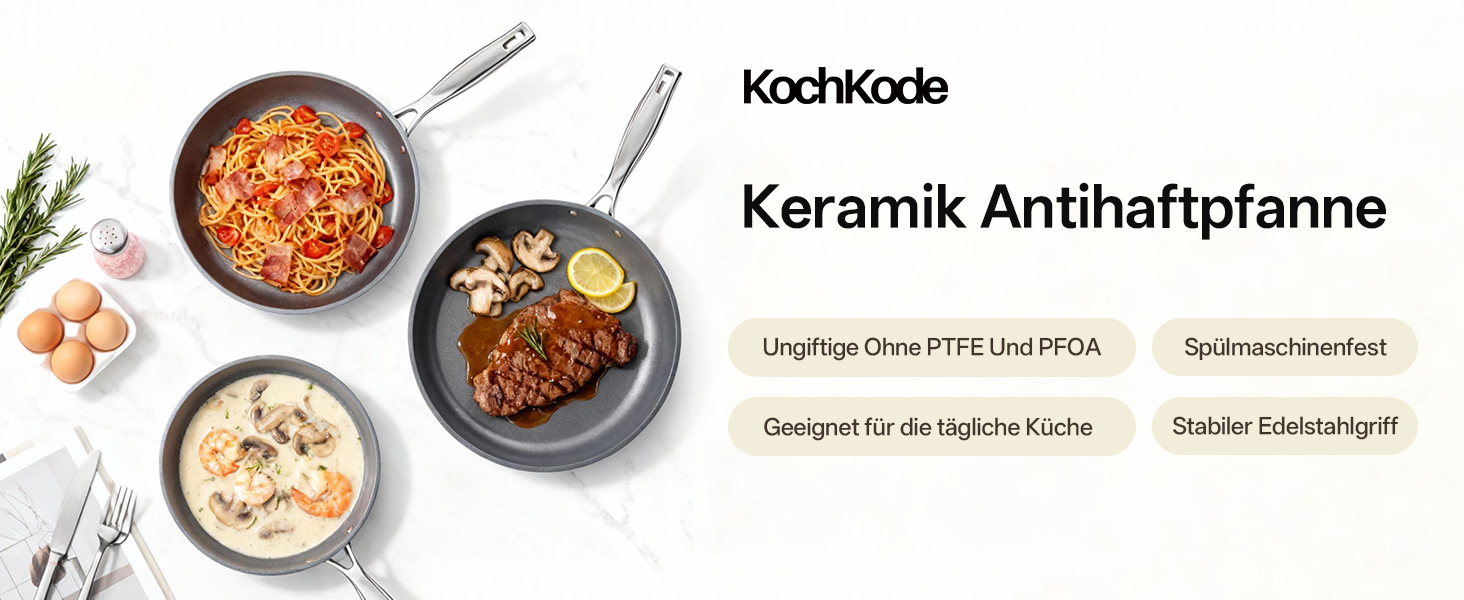 Набір сковорідок Koch Kode з керамічним покриттям 20/24/28 см, з нержавіючою ручкою, для індукційних плит, без PTFE та PFOA, придатні для миття в посудомийній машині та випікання, бежевий