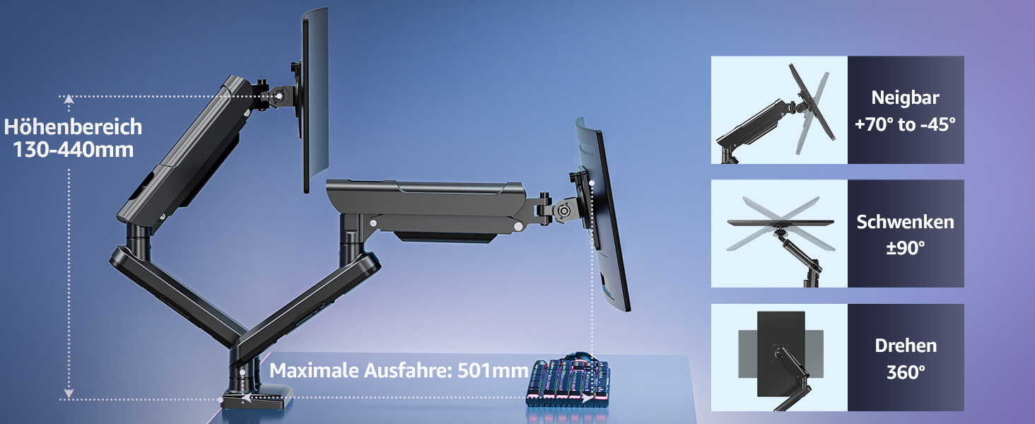 Тримач для монітора ELIVED EV6012W для 2 моніторів (13-32 дюйми), чорний, VESA 75/100mm, газ-амортизатор, регульований