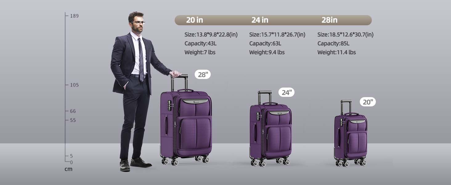 Набір валіз SHOWKOO 3 шт. з м'якою шкаралупою, розширюваний, легкий, міцний, з TSA замком та 4 колесами (фіолетовий)