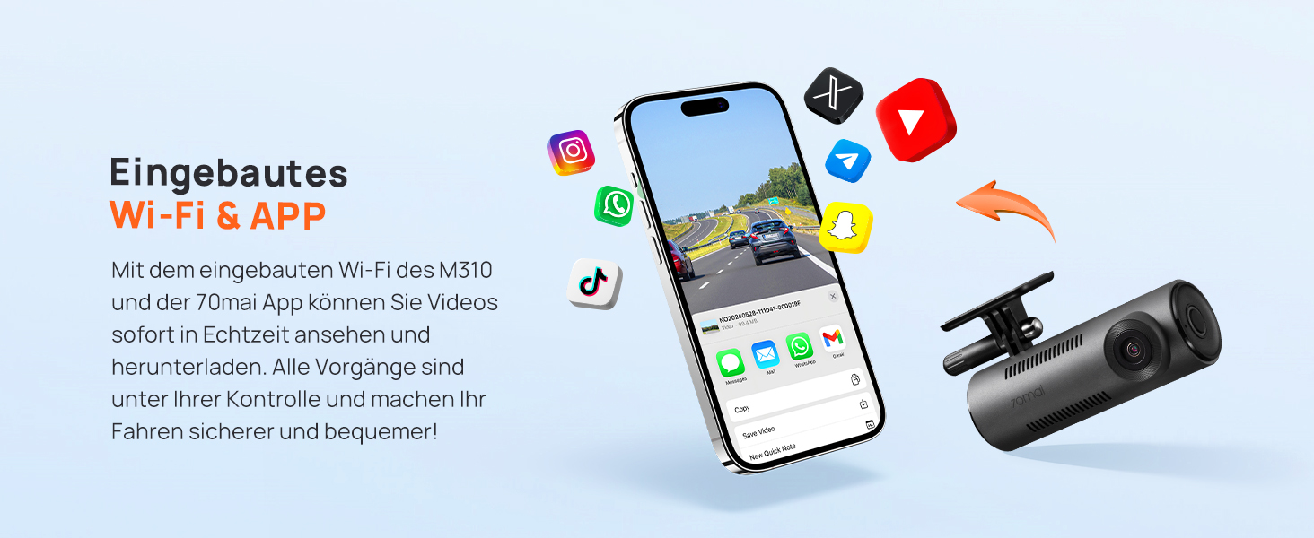 Відеореєстратор 70mai M310 2K WiFi для авто, 1296P WDR, Super Night Vision, 24h парковка, запис по колу, виявлення зіткнень, 256GB